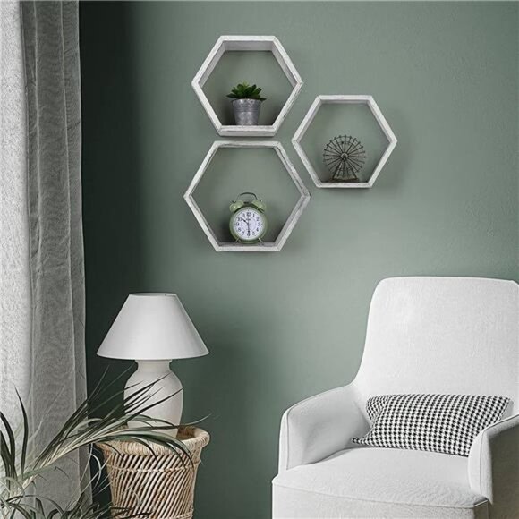 Hexagonal Floating Shelves Wall Mounted Set of 3 Wood Farmhouse Storage - Picture 2 of 5